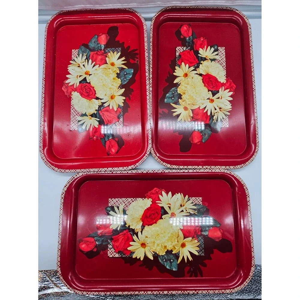 Vintage Red Floral Metal Serving Trays Set of 3 Roses Daisies Retro Kitchen 11.5
